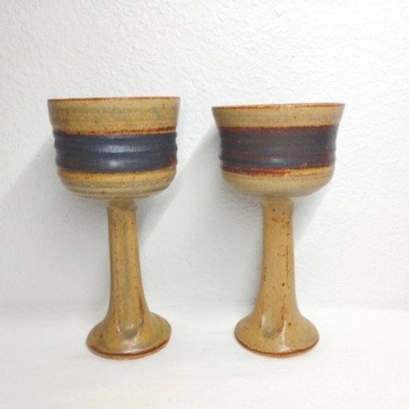 Marj Peeler Pottery Wine Goblet Clay Chalice Earthenware Vintage Folk Art Pair 2 - Picture 3 of 13